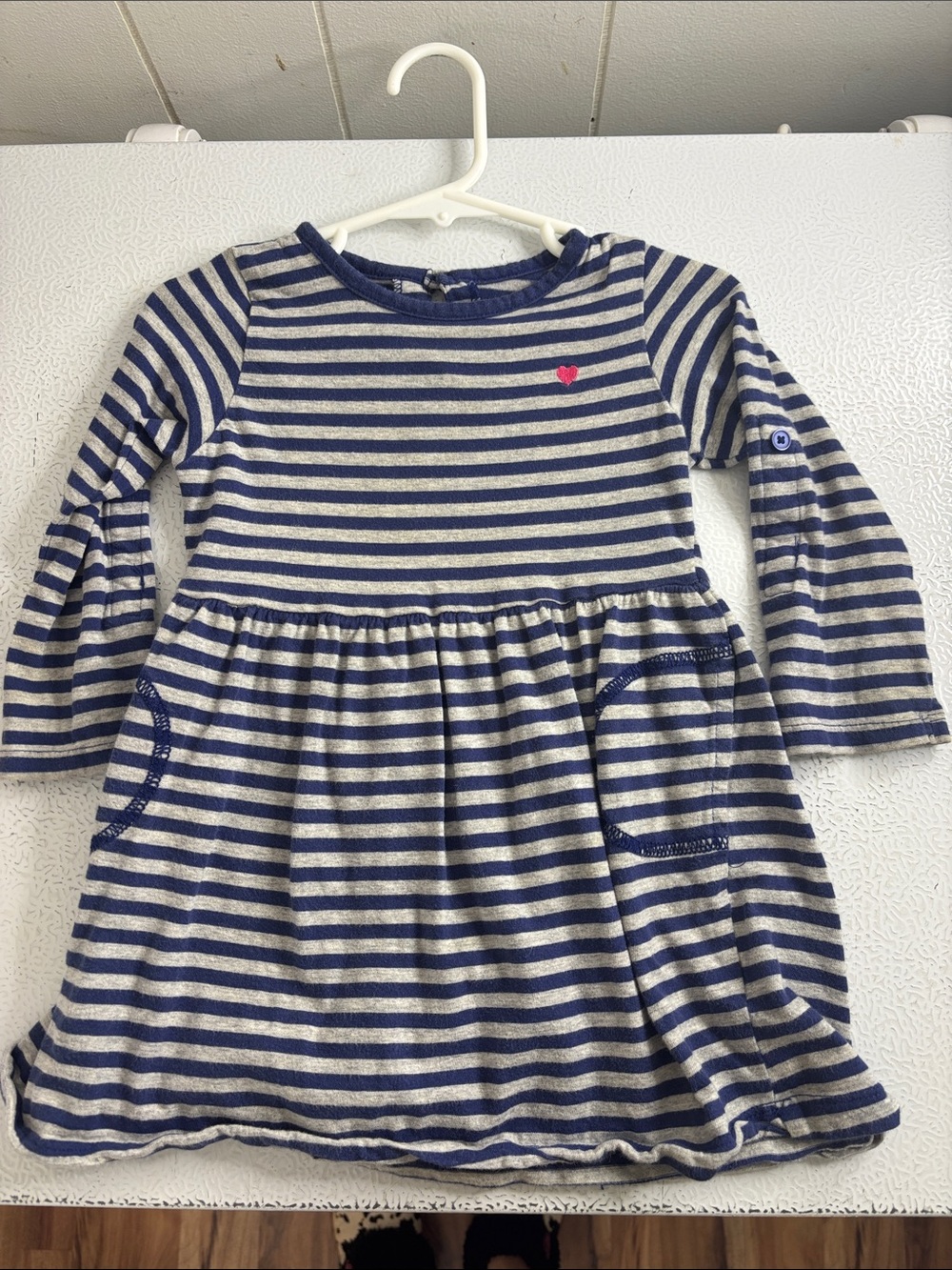 536 - Girls Navy and Cream Striped Dress with Pink Heart